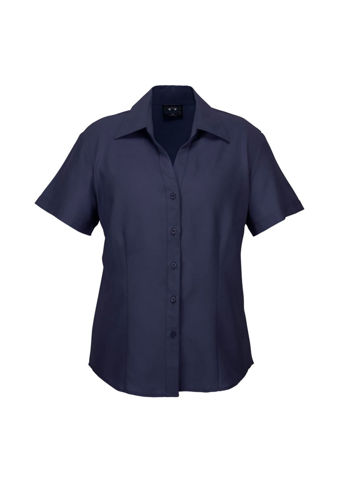 A short sleeve, button-up shirt in navy blue with a collared neckline and five buttons down the front. It features a logo.