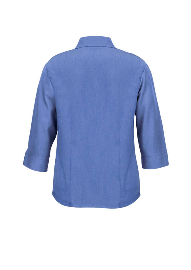 A blue 3/4 sleeve shirt with a collar and a simple design, featuring a logo on the back.