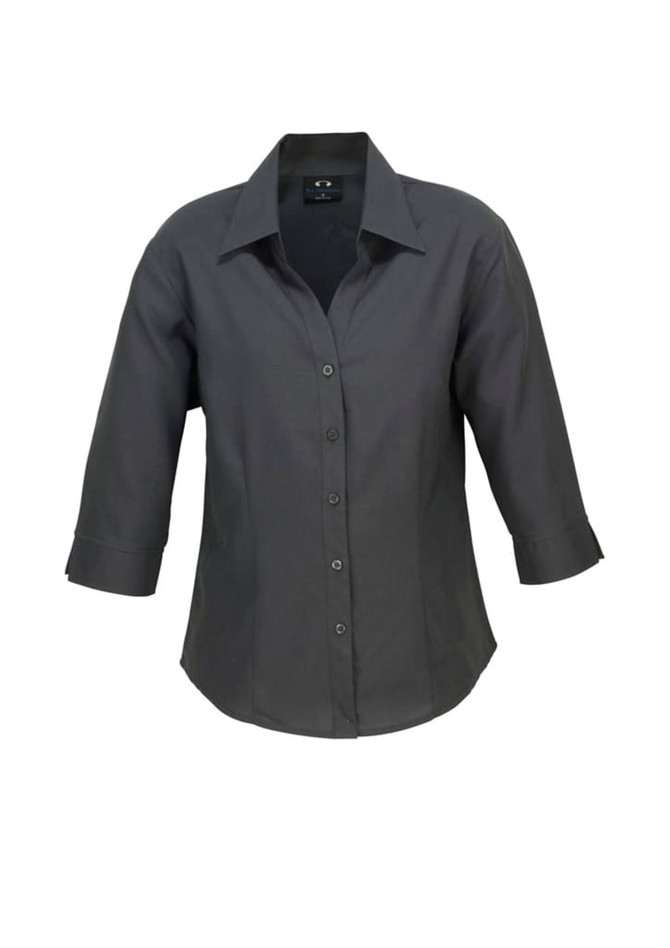A plain grey 3/4 sleeve shirt with a collar and buttons, featuring a logo on the chest.
