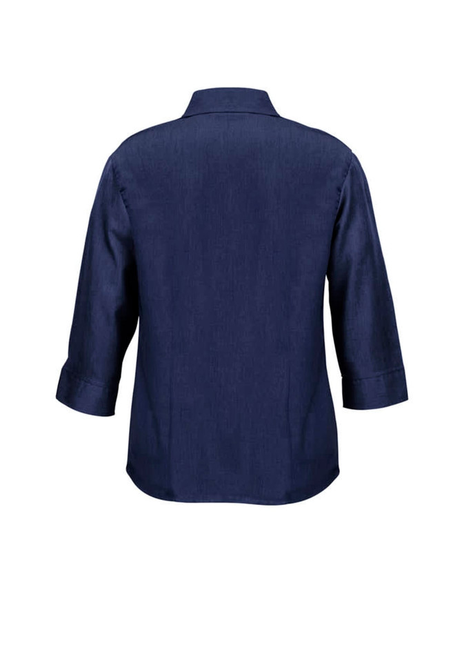 A navy blue ladies' shirt with 3/4 sleeves and a collar, featuring a logo on the back.