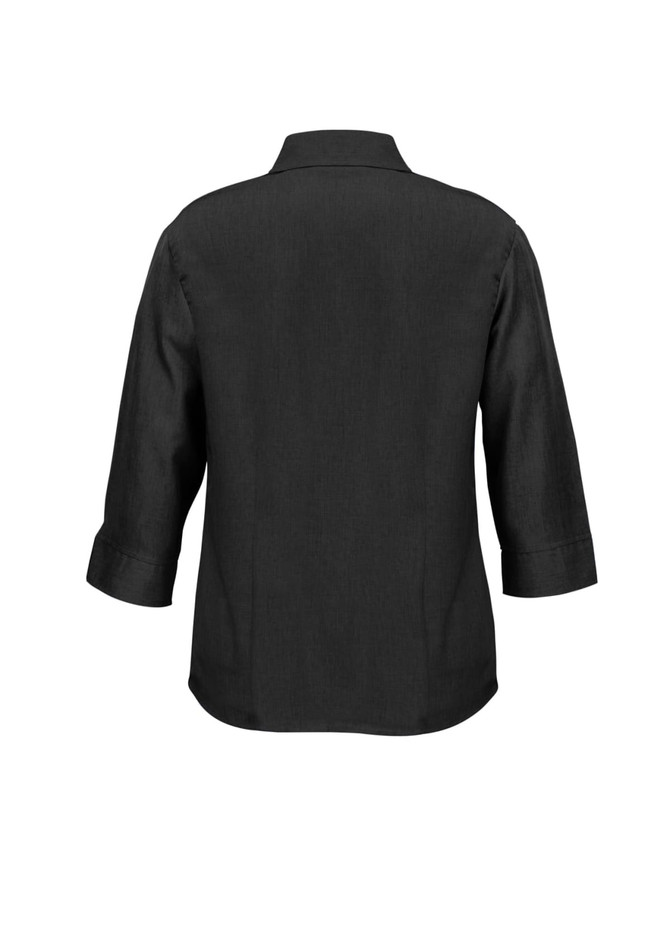 A black 3/4 sleeve button-up shirt with a collared neck and a smooth texture. It features a branding logo.