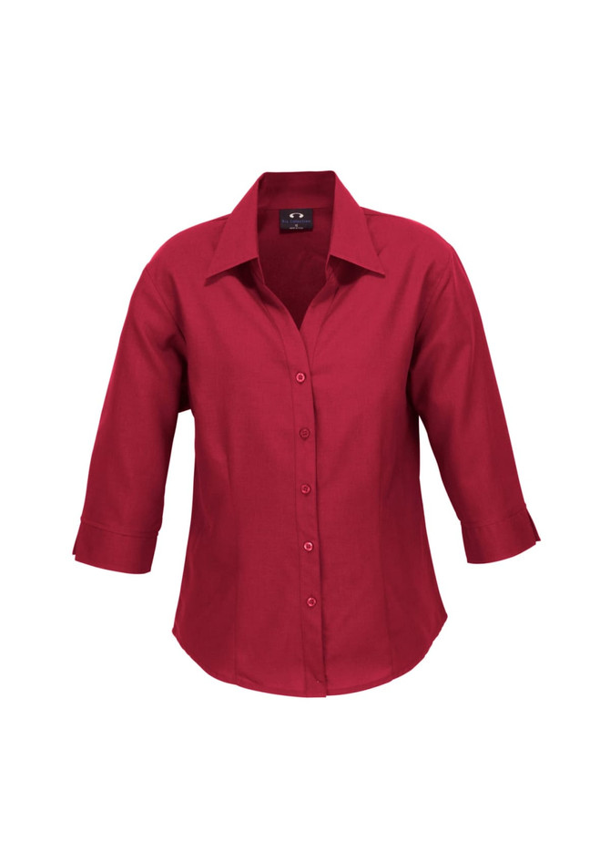 A red women's button-up shirt with 3/4 sleeves and a collar, featuring a logo. 
