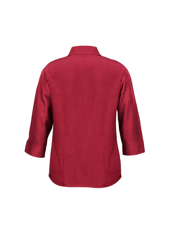 A red 3/4 sleeve women's button-up shirt with a collared neckline and a plain back. Features a branding logo.
