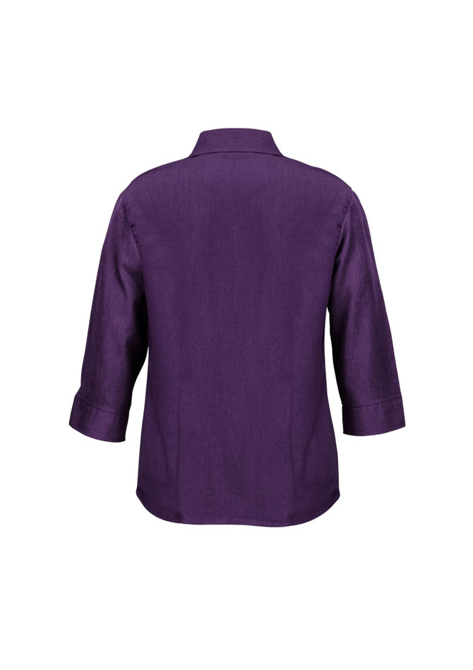 A purple women's 3/4 sleeve button-up shirt with a collar and a branded logo.