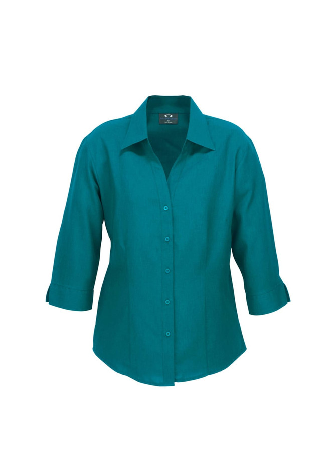 A teal women's 3/4 sleeve button-up shirt featuring a classic collar and a logo on the label.