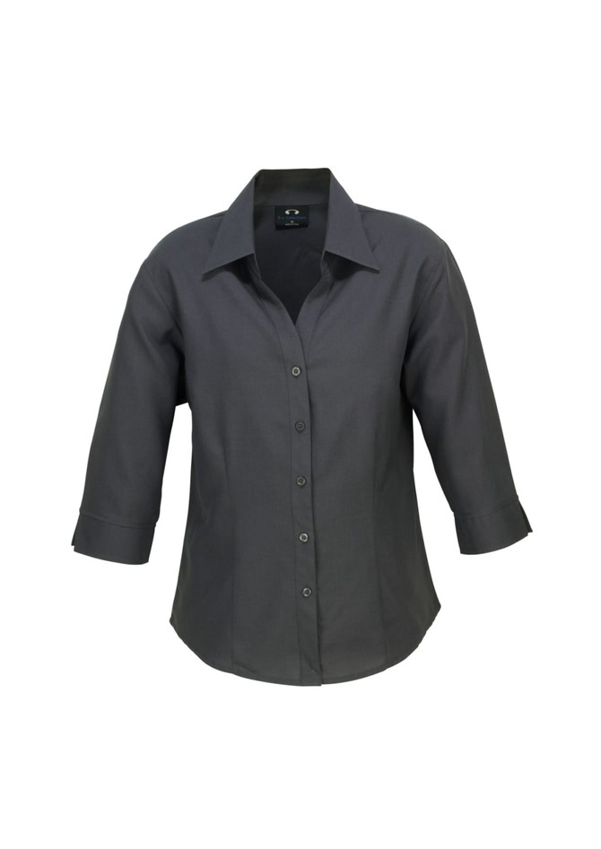 A grey women's shirt featuring a button-up front and 3/4 sleeves, with a collared neckline and a logo.
