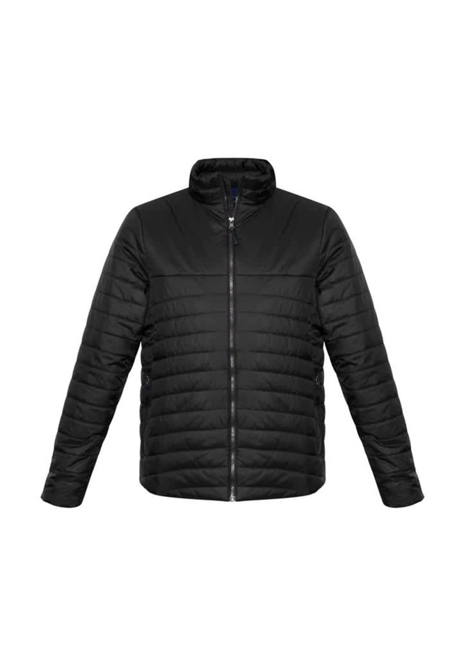 A black puffer jacket with a zip front and a stand-up collar, featuring side pockets and a logo.