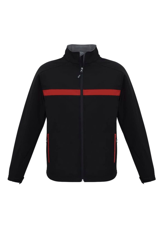A black unisex soft shell jacket with red stripes and zippered pockets. Features a stand-up collar and has a logo.
