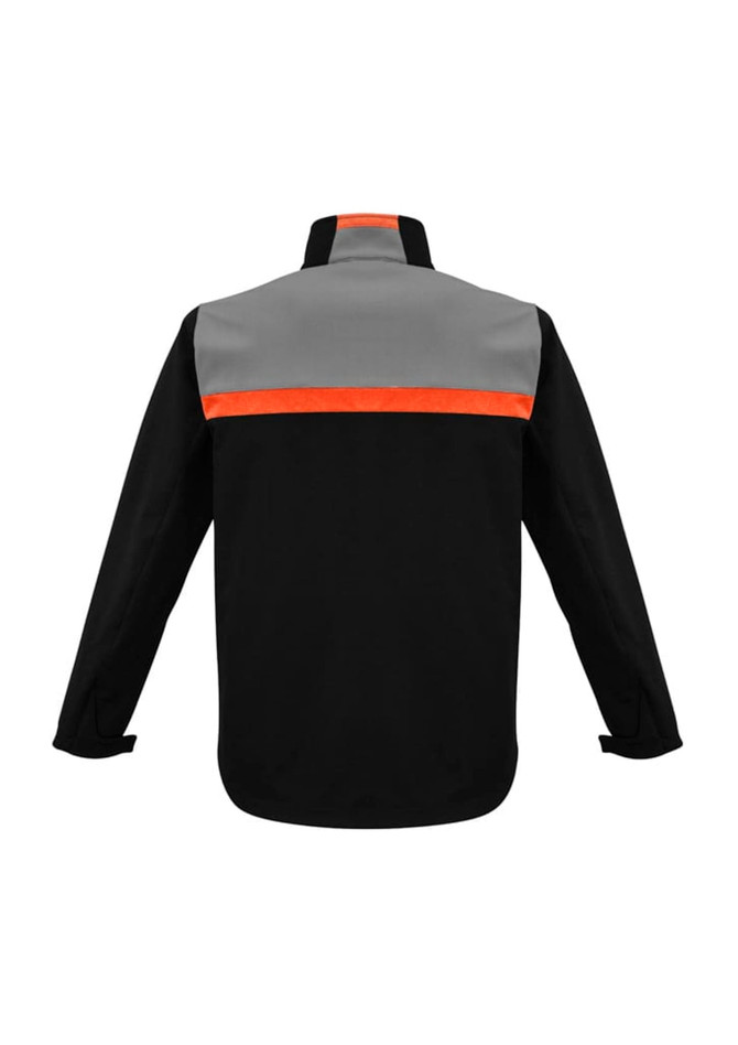 A unisex soft shell jacket featuring a black body, grey upper section, and orange accent on the back. It has a logo.