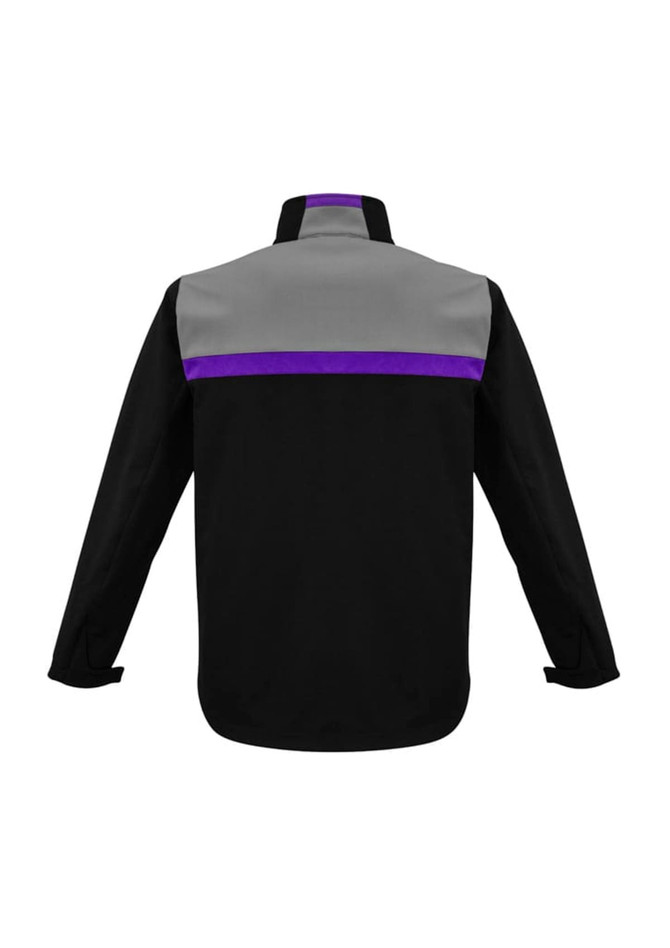 A soft shell jacket featuring a black body with grey and purple detailing, complete with a logo on the back.