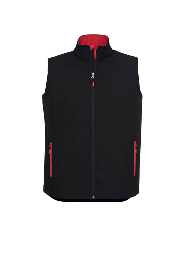 A black vest with a red inner collar and zippered pockets, featuring a zipper front and no sleeves.