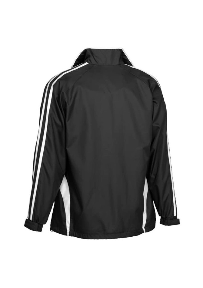 A black track jacket featuring white stripes along the sleeves. It has a sporty, casual design and includes a logo.