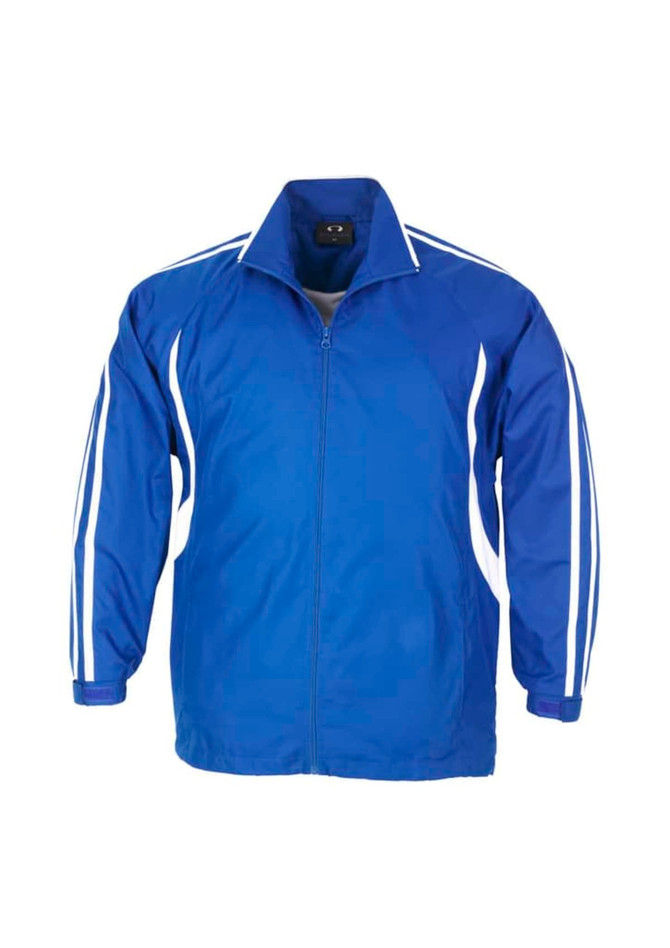 A blue track jacket with white stripes on the sleeves and a collar, featuring a logo.