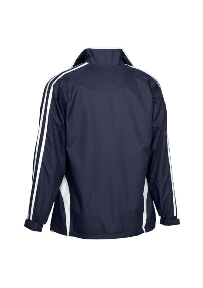 A navy blue track jacket with white stripes on the sides and a logo on the back.