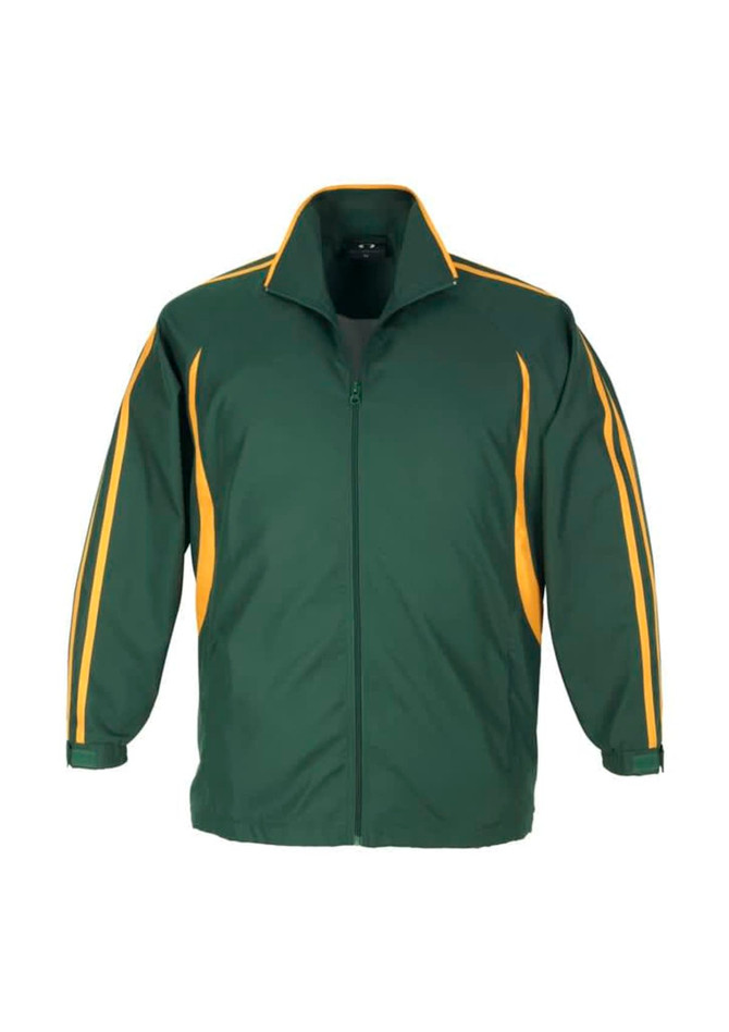 A green track jacket featuring yellow side stripes and a collar. It has a zip front and a logo.