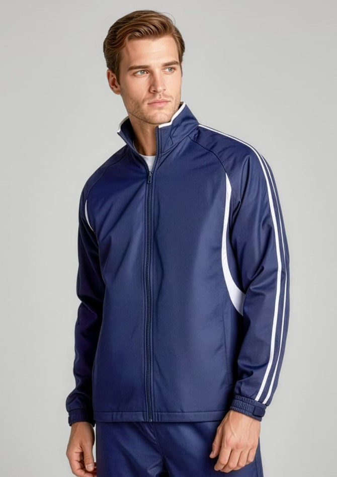 A navy unisex flash jacket features white stripes and a zip-up front, styled for track wear.