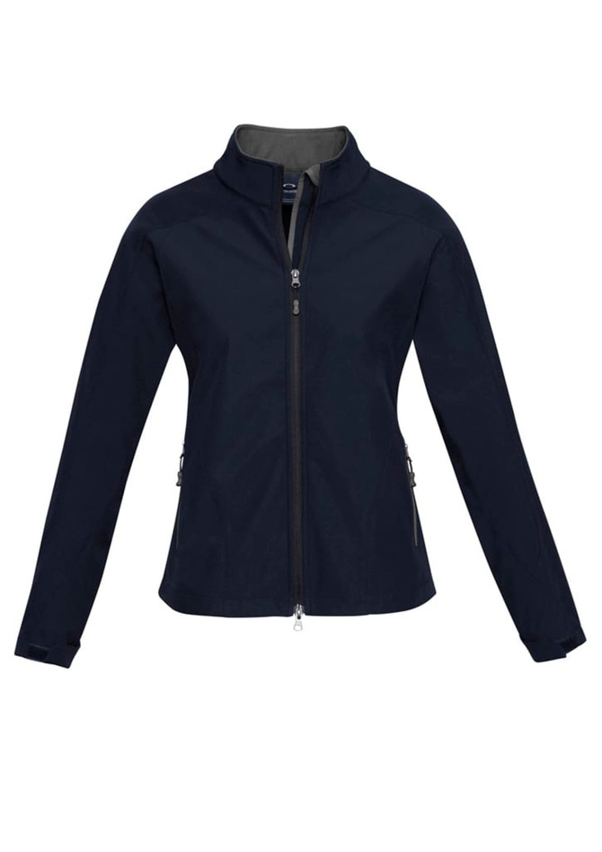 A soft shell jacket in navy blue with a zippered front and side pockets, featuring a logo on the chest.