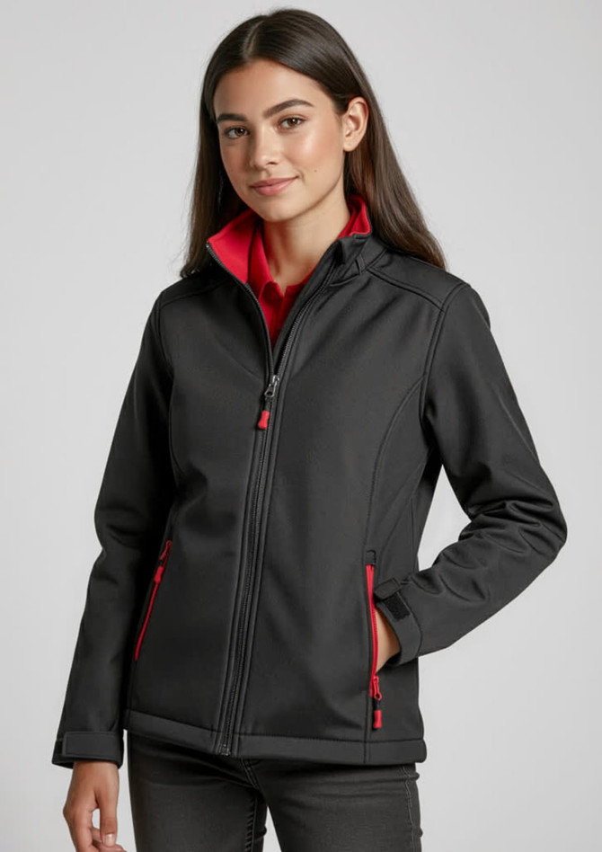 A soft shell jacket in black with red accents, featuring a zip front and side pockets. It has a logo on the chest.