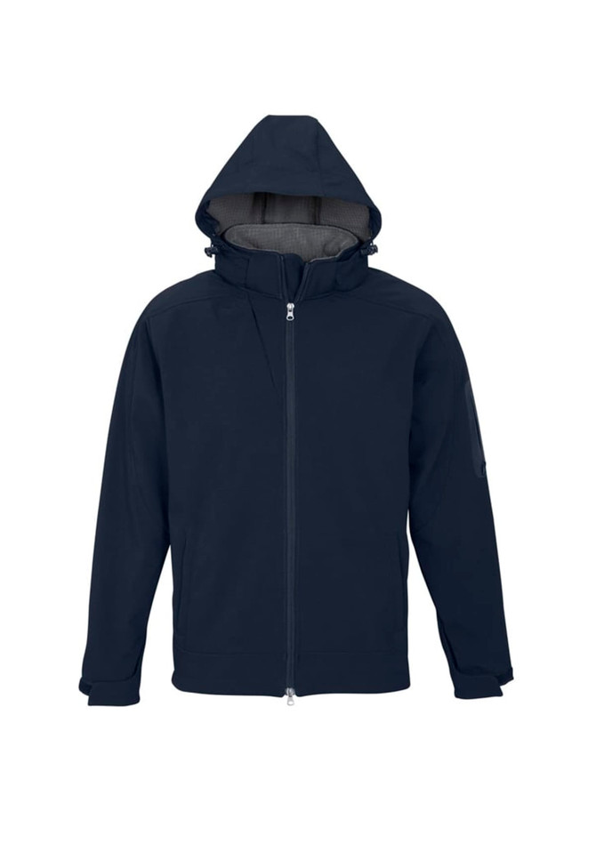 A navy soft shell jacket with a hood, featuring a zip front and side pockets. It includes a logo on the sleeve.