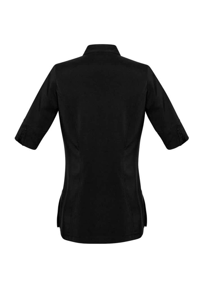 A black women's tunic with three-quarter sleeves and a collar, featuring side slits and a branding logo.