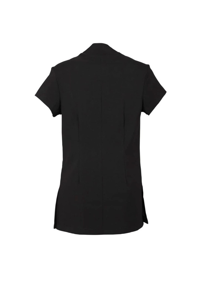 A black women's crossover tunic featuring short sleeves and a tailored design. The back has a smooth finish.