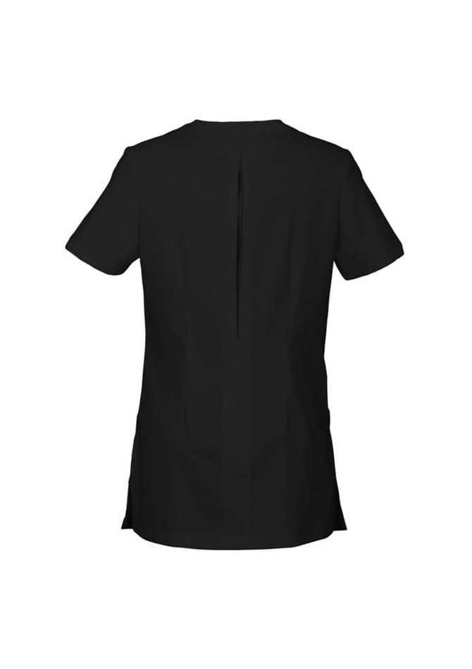 A black women's tunic with short sleeves and a back slit, featuring a simple and sleek design.