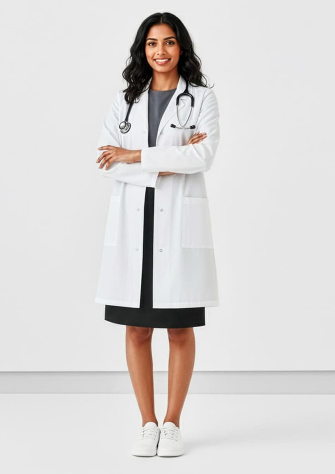 A unisex classic lab coat in white, worn by a model with a stethoscope, standing with arms crossed.