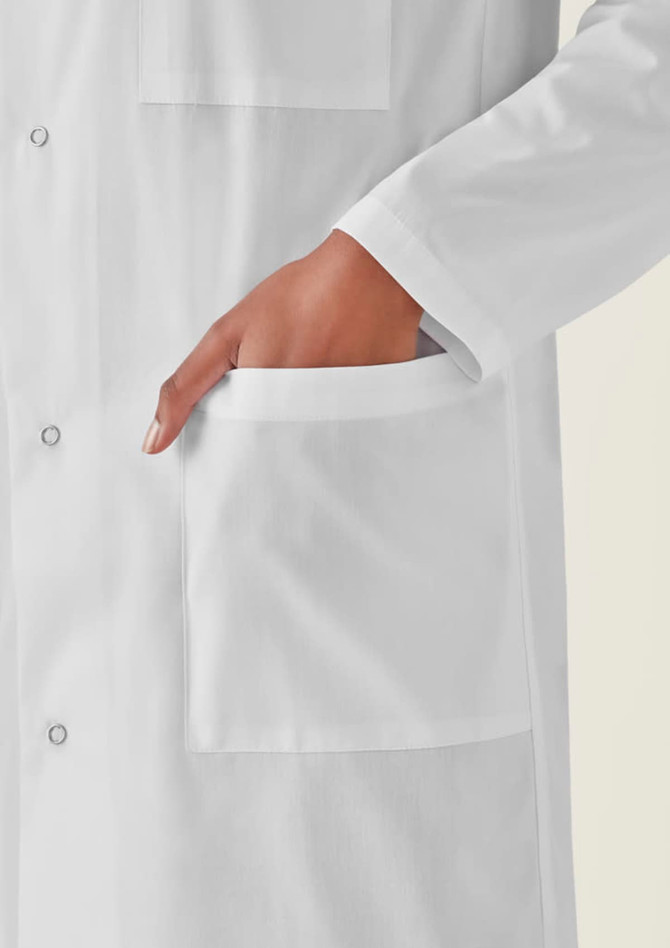 A white unisex classic lab coat featuring pockets and a logo on the front. Suitable for professional environments.