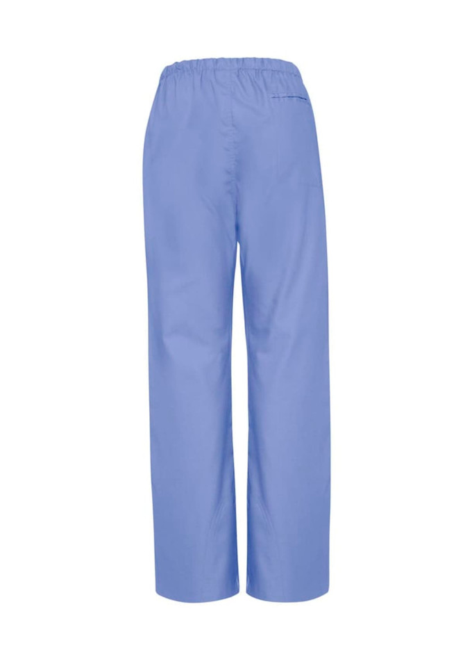 A pair of women's bootleg scrub pants in light blue, featuring an elastic waistband and a back pocket.