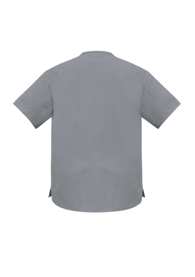 A grey unisex scrub top with short sleeves and a straight cut, featuring side slits and a logo.