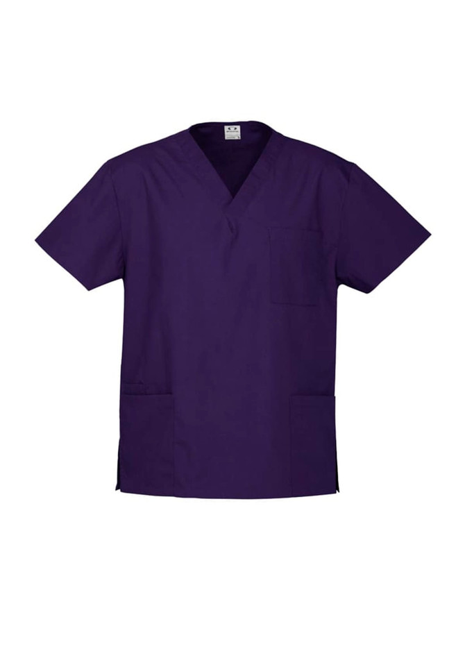 A navy blue unisex scrub top featuring a V-neck, short sleeves, and a front pocket, with side slits for comfort.