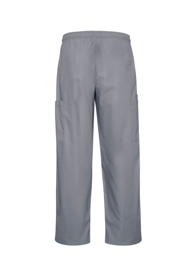 Classic unisex scrub cargo pants in grey with two side pockets and an elastic waistband. Features a logo.