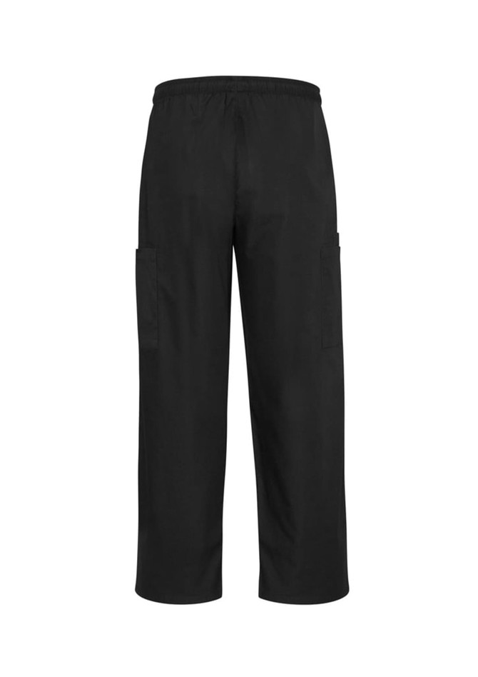 Black unisex scrub cargo pants featuring an elastic waistband and side pockets. The design is simple and functional.