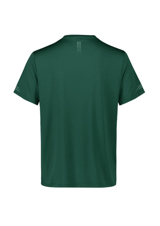 A green kids’ balance short sleeve tee featuring a simple design and a logo on one sleeve.