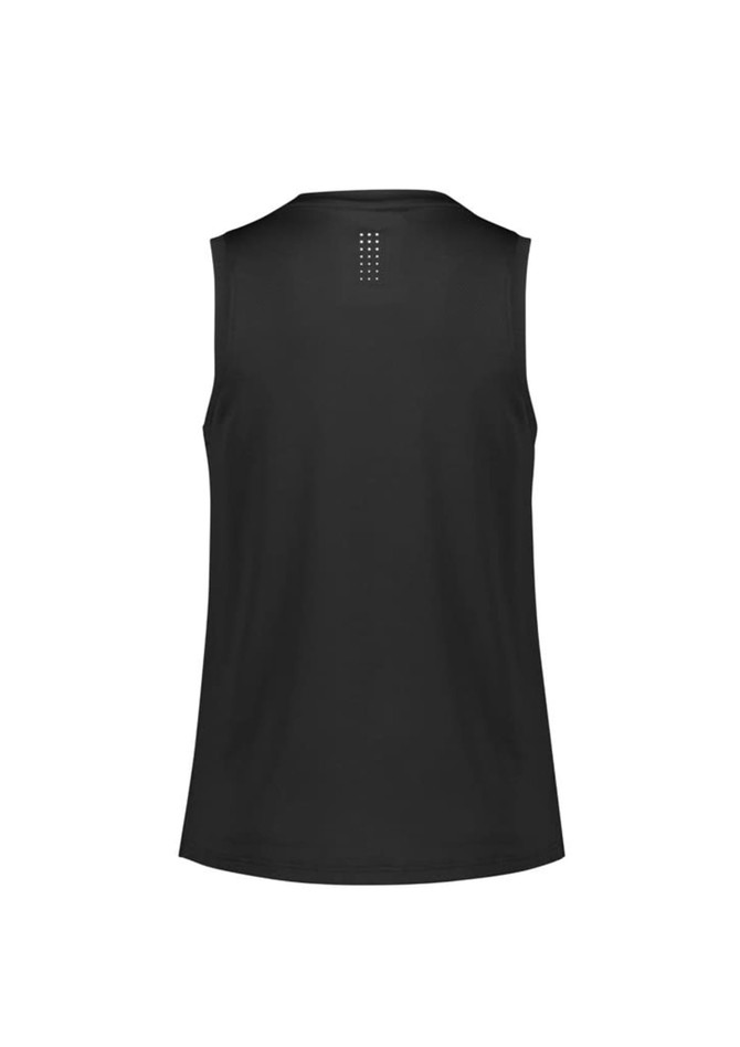 A black women's singlet with a simple design and a logo on the back.