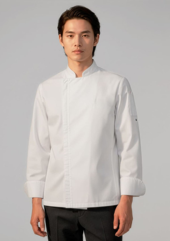 A white long sleeve chef jacket with a stand collar and roll-up sleeves, featuring a logo on the sleeve.