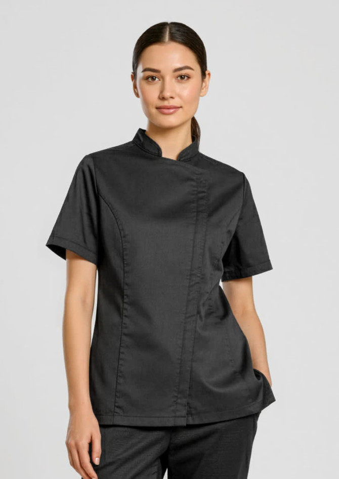 A black short sleeve chef jacket for women, featuring a mandarin collar and front button closure, with a logo present.
