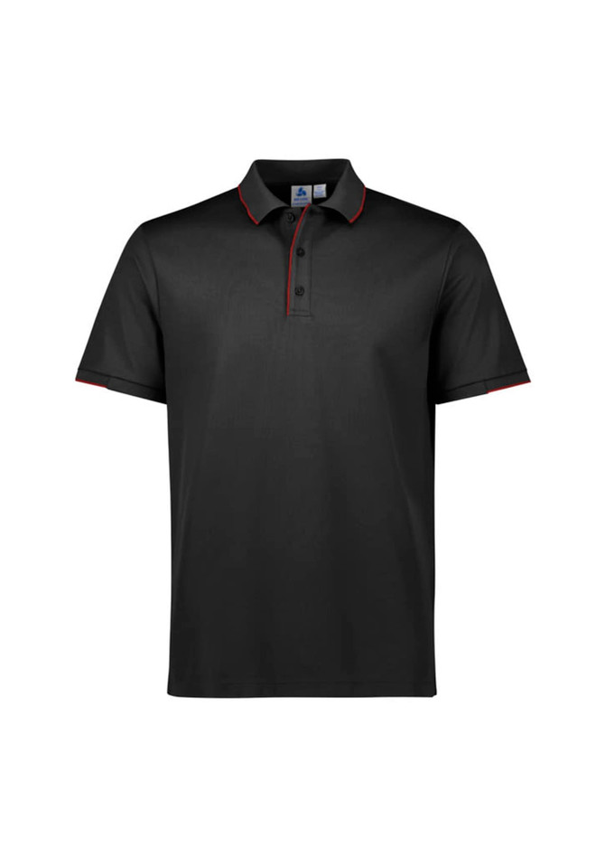 A black short sleeve polo shirt with red trim and a logo on the chest.