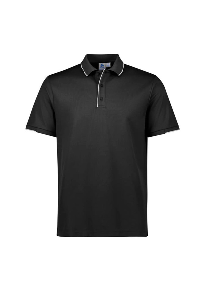 A black short sleeve polo shirt featuring a contrasting collar and logos. Suitable for casual or smart-casual wear.