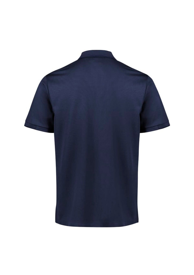A navy blue men's short sleeve polo shirt with a smooth fabric finish and a branded logo.