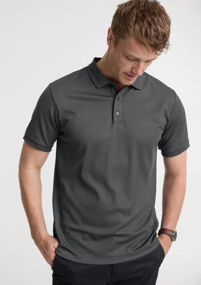A short sleeve polo shirt in dark grey with a collar and a logo on the sleeve.
