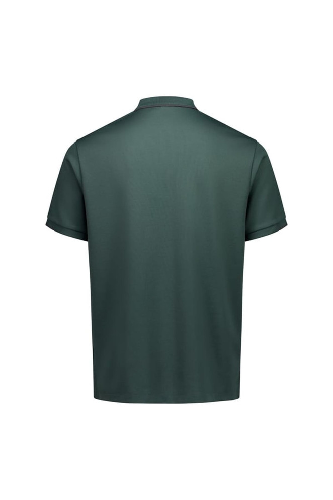 A short sleeve polo shirt in a green colour, featuring a collar and a logo on the back.