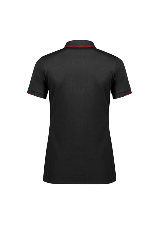 A black women's short sleeve polo shirt featuring contrasting trim and a logo.