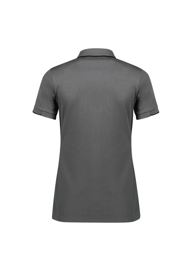 A grey women's short sleeve polo shirt with a classic collar and logo detail on the back.