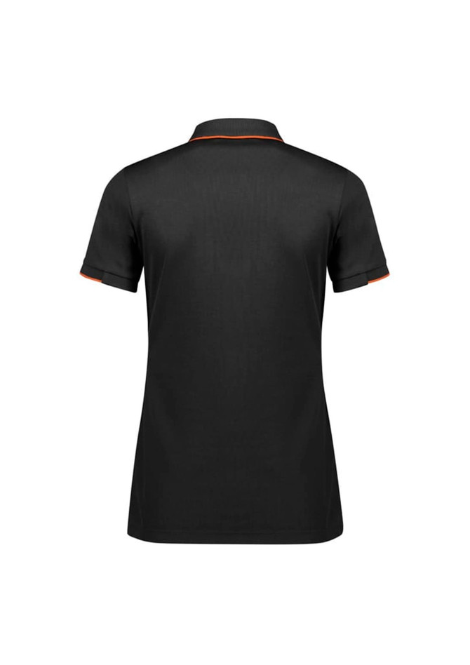 A black women's polo shirt with short sleeves and orange detailing, featuring a logo on the back.