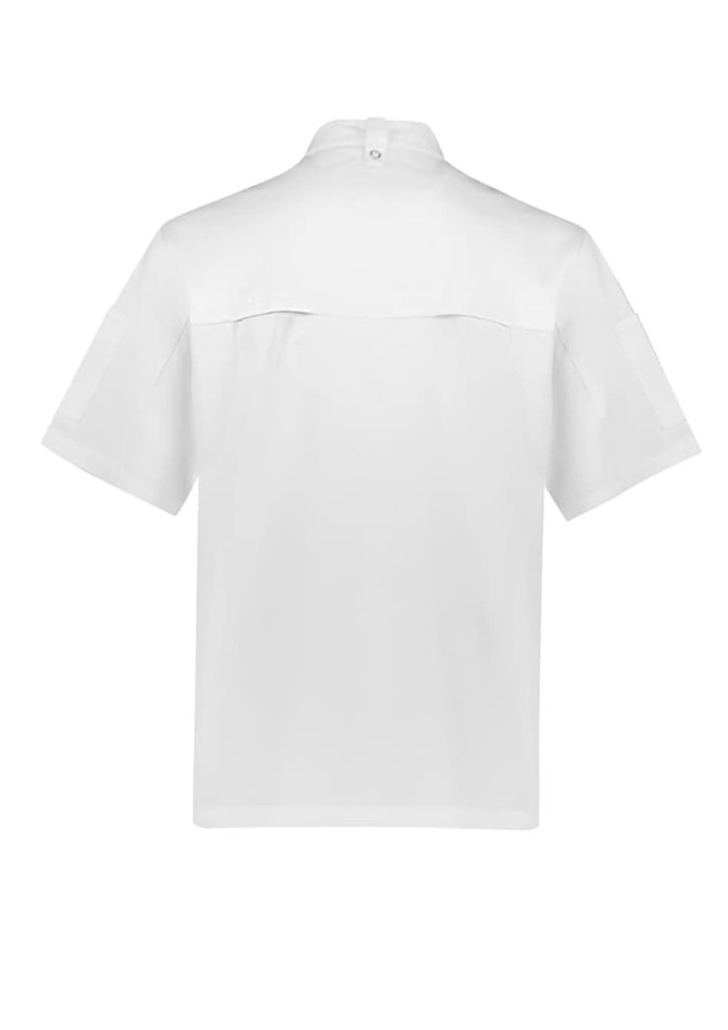 A short sleeve chef jacket in white, featuring a back view with a collar and side pockets. It has a logo.