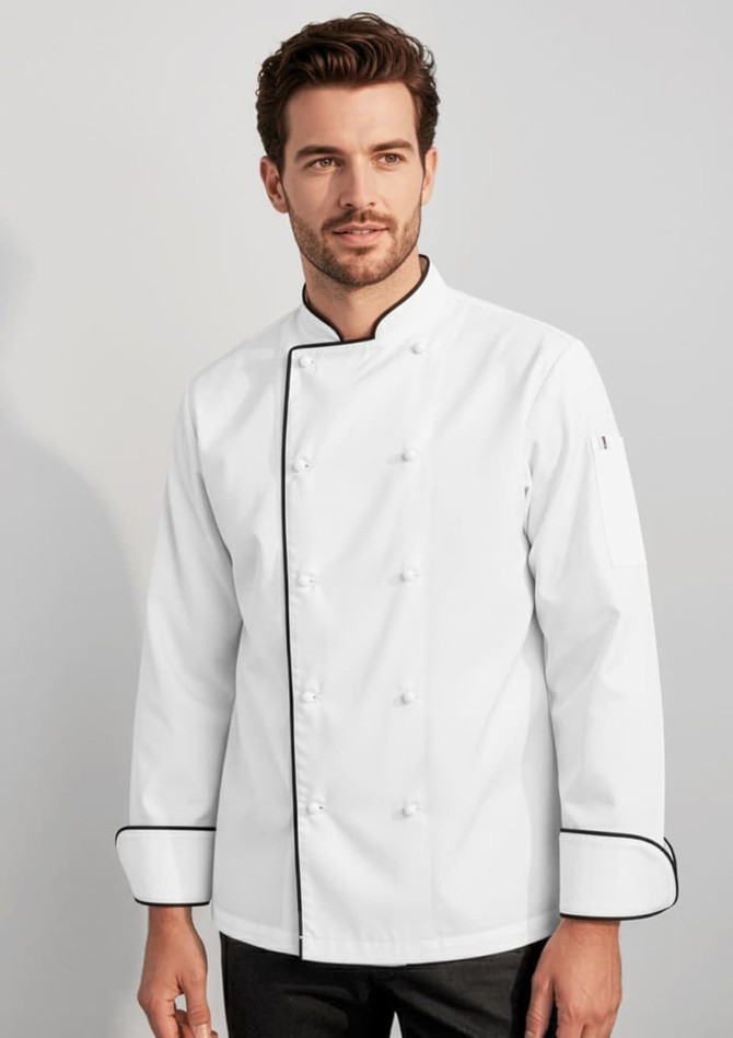 A white long sleeve chef jacket with black trim, featuring a double-breasted style and a logo.