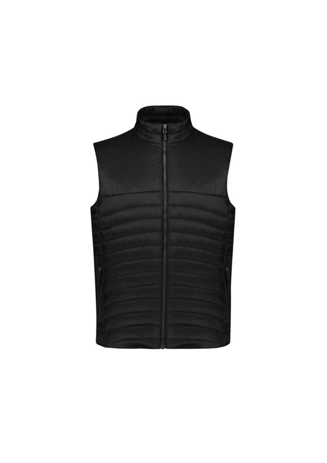 A black men's expedition vest with a zip front and padded design, featuring side pockets and a high collar.