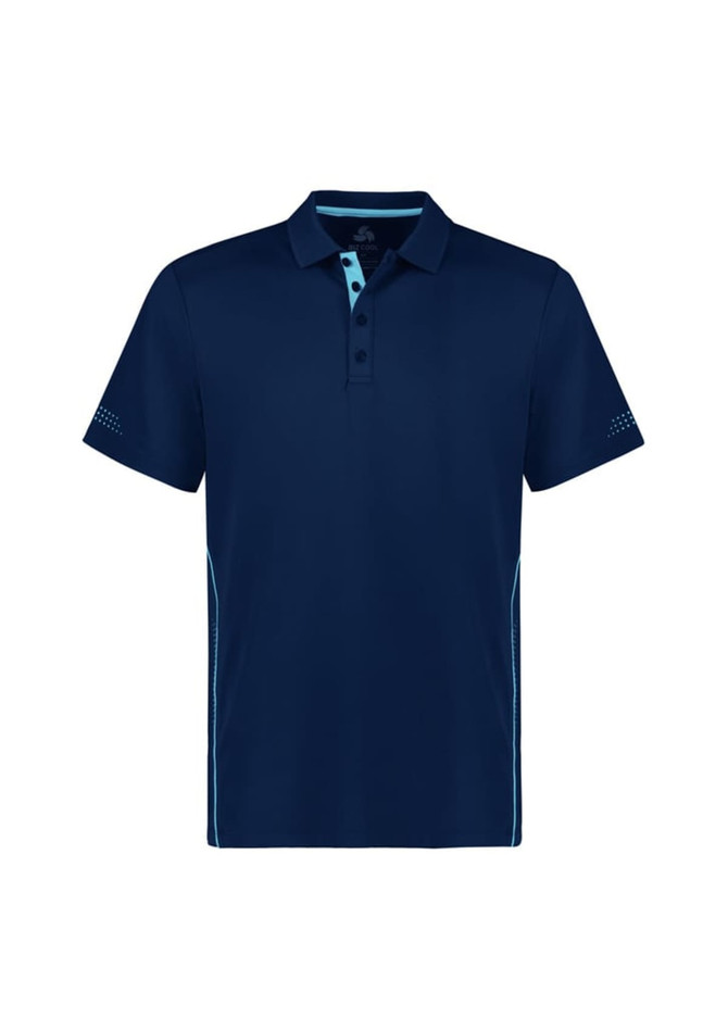 A navy blue men's short sleeve polo shirt with a subtle logo and light blue accents on the collar and sides.