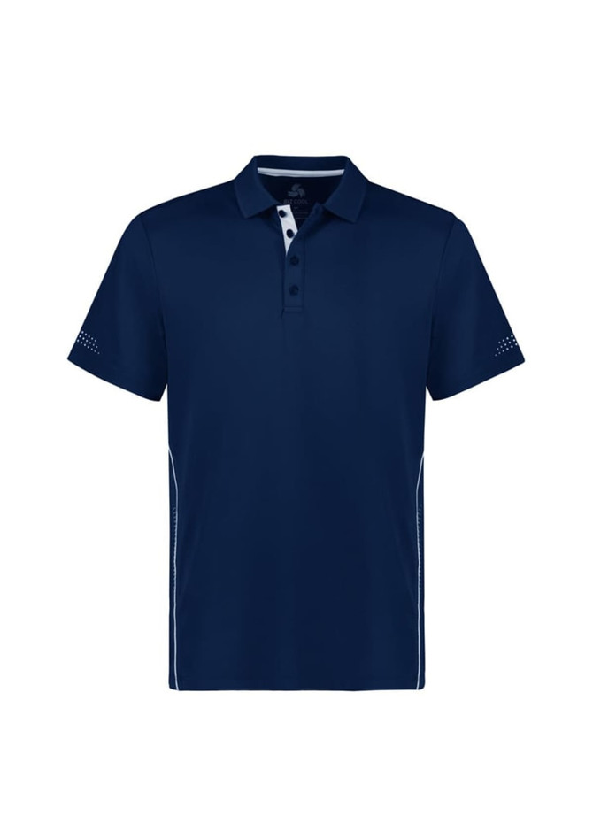 A navy short sleeve polo shirt featuring a collar, buttons, and a logo on the chest.